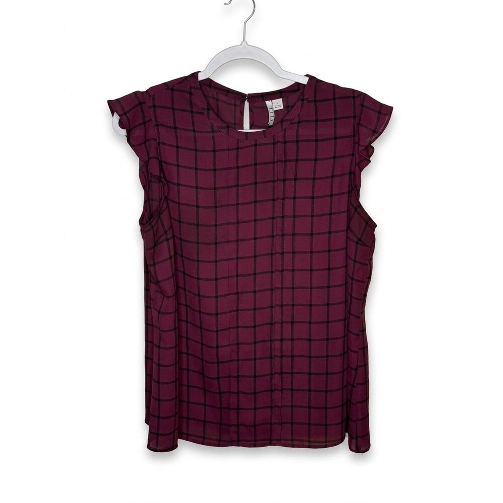 ELLE Women’s Size Large Maroon Burgundy Black Grid Flutter Sleeve Blouse Top